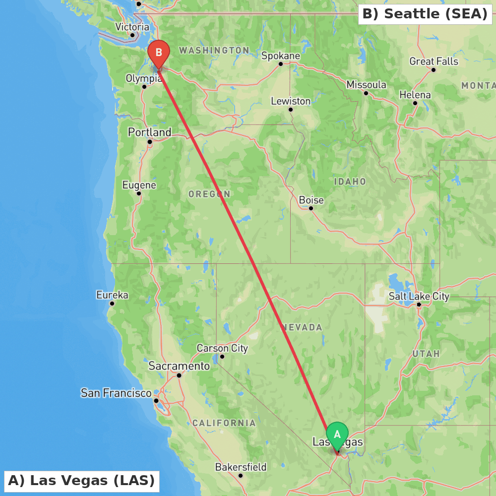 Flight route map from Las Vegas to Seattle