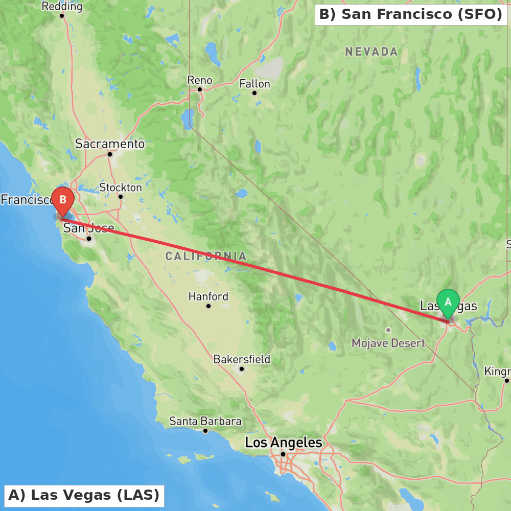 Flight route map from Las Vegas to San Francisco