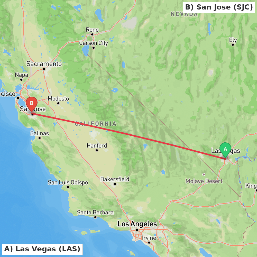 Flight route map from Las Vegas to San Jose