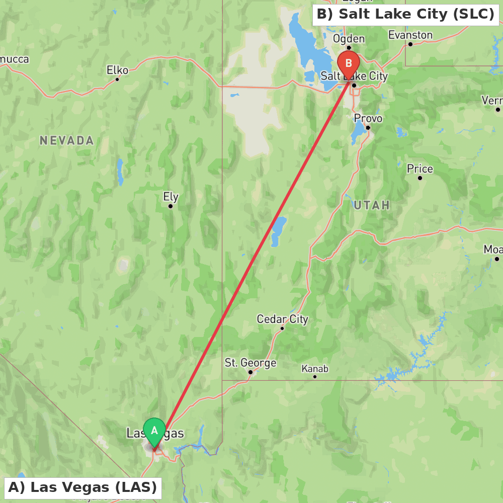 Flight route map from Las Vegas to Salt Lake City