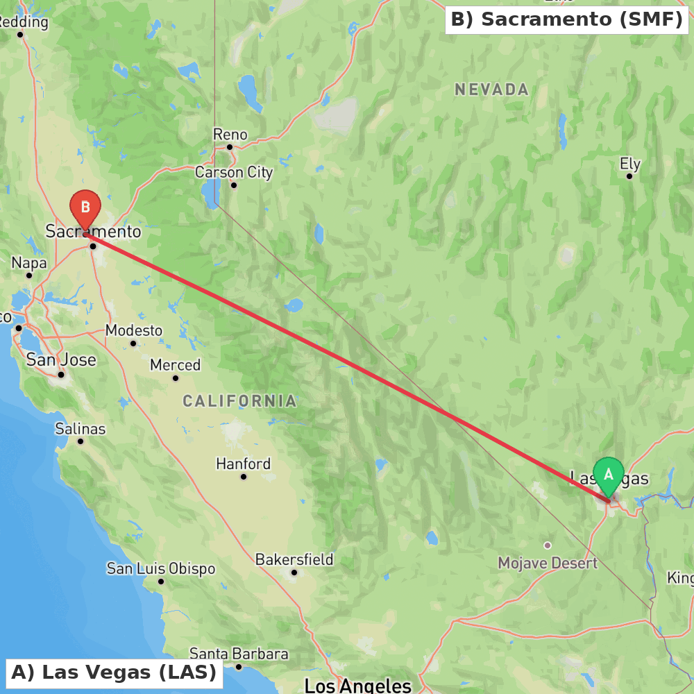 Flight route map from Las Vegas to Sacramento