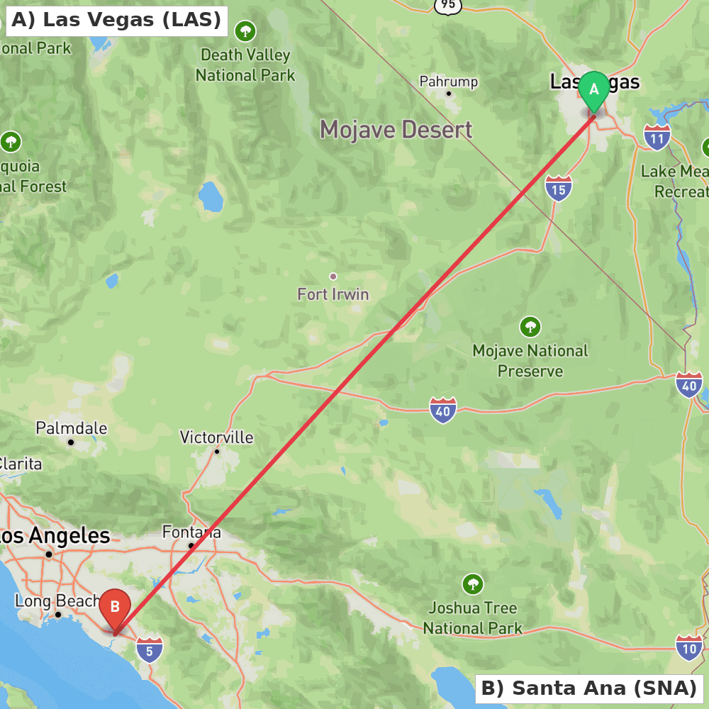 Flight route map from Las Vegas to Santa Ana