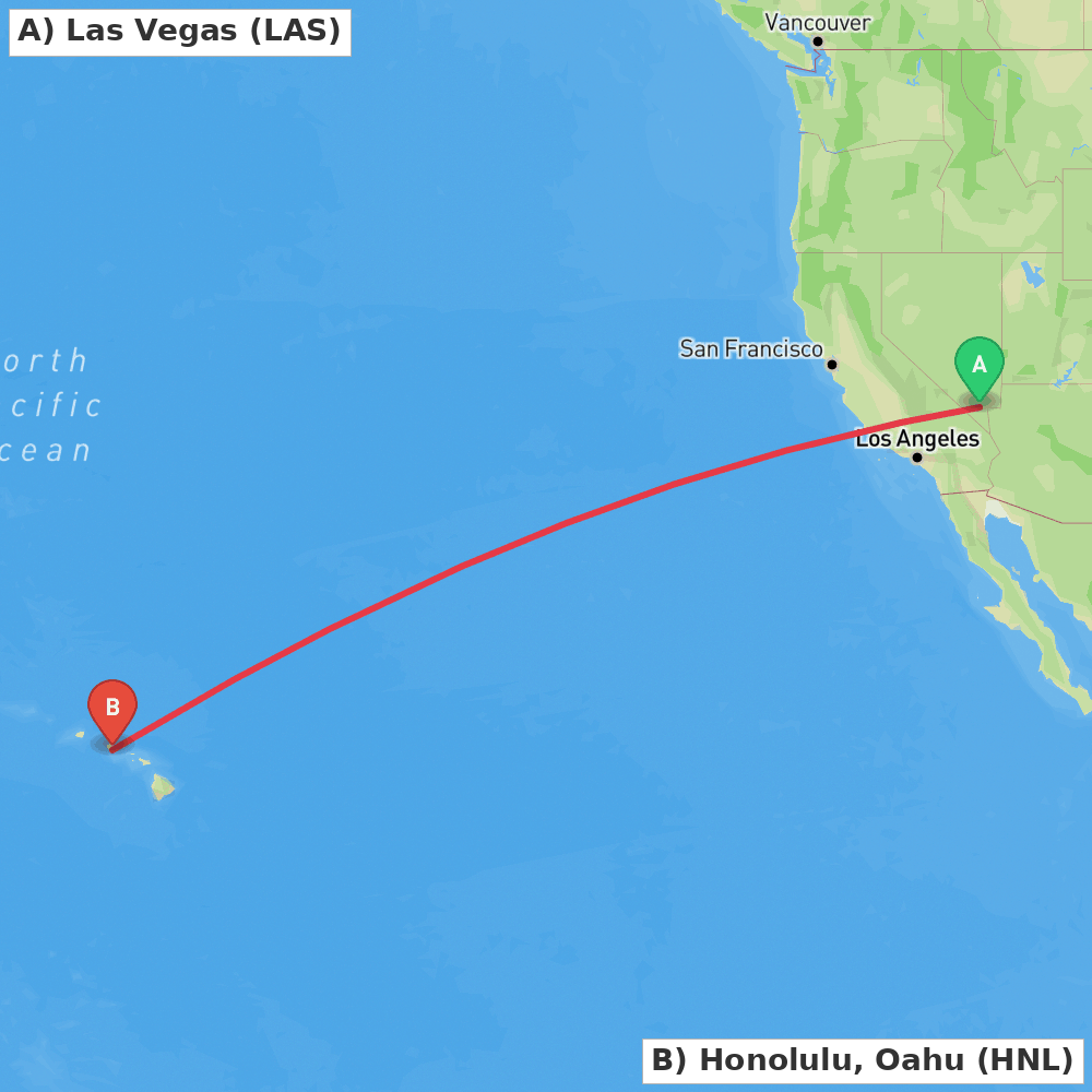 Flight route map from Las Vegas to Honolulu, Oahu