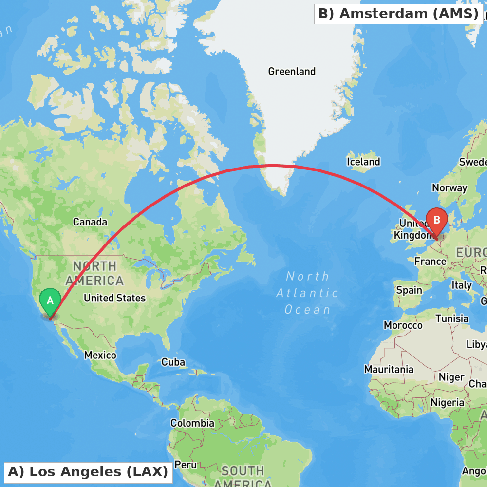 Flight route map from Los Angeles to Amsterdam