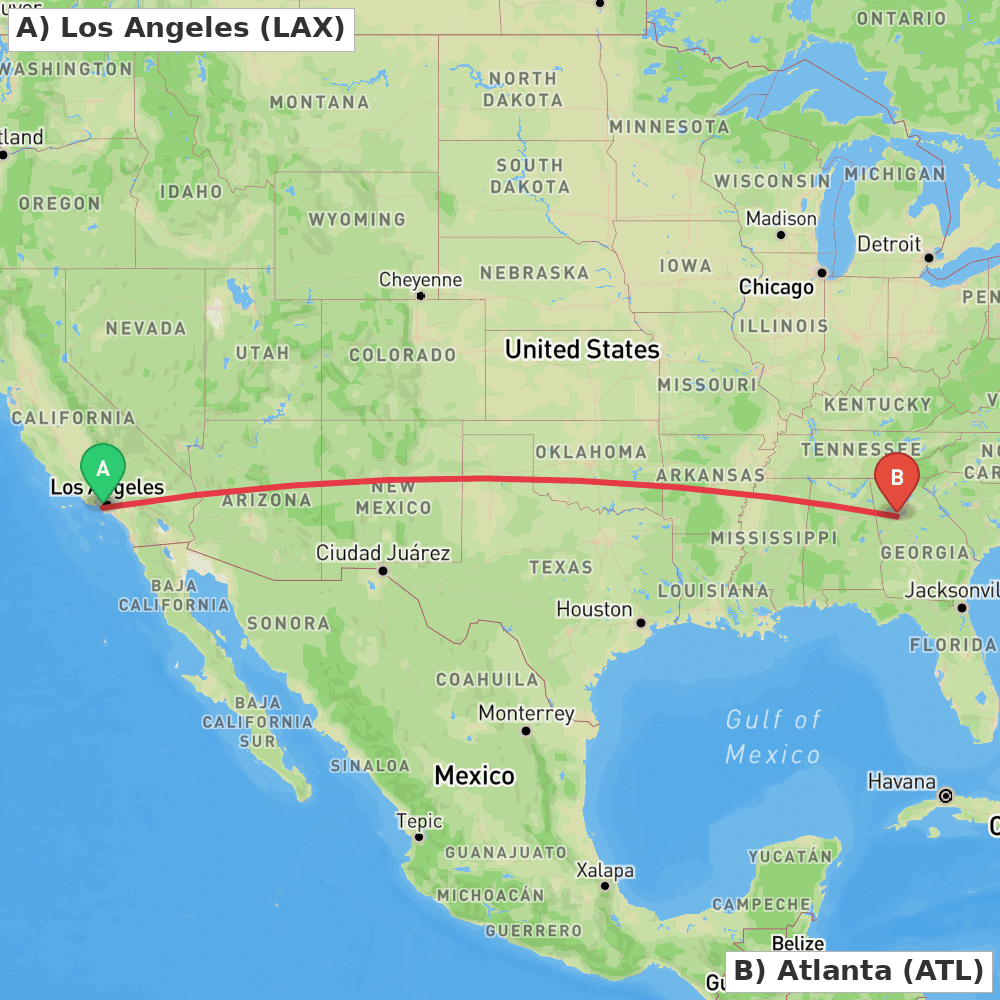 Flight route map from Los Angeles to Atlanta