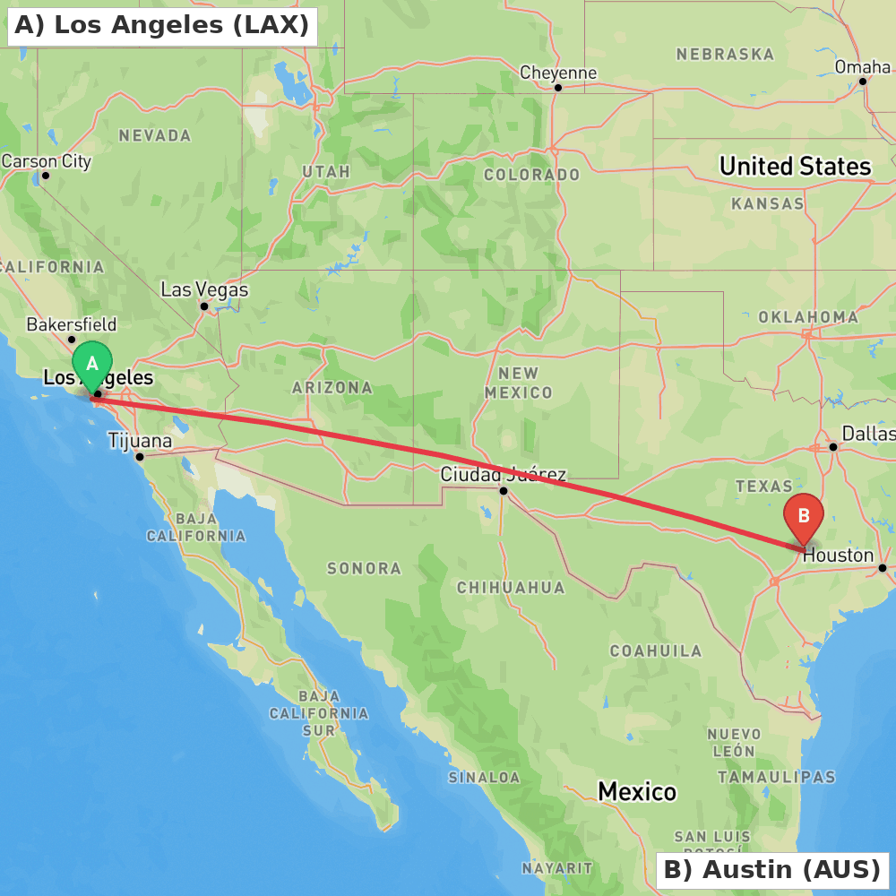 Flight route map from Los Angeles to Austin