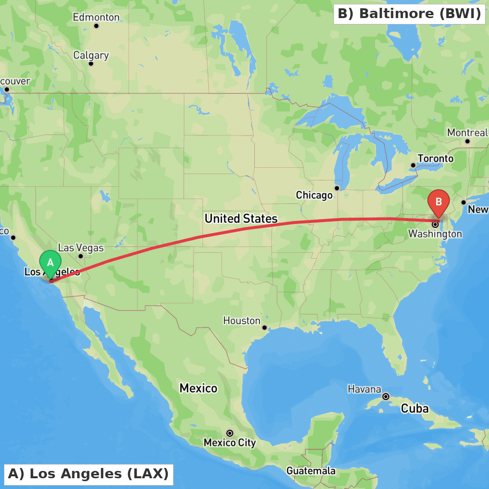 Flight route map from Los Angeles to Baltimore