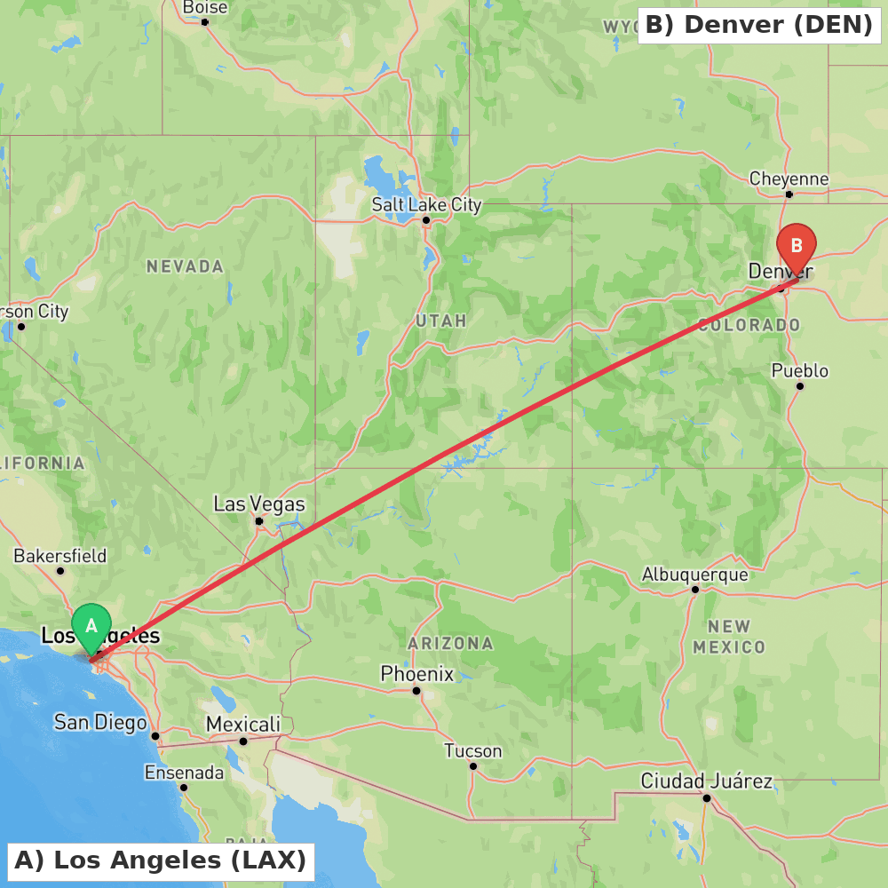 Flight route map from Los Angeles to Denver