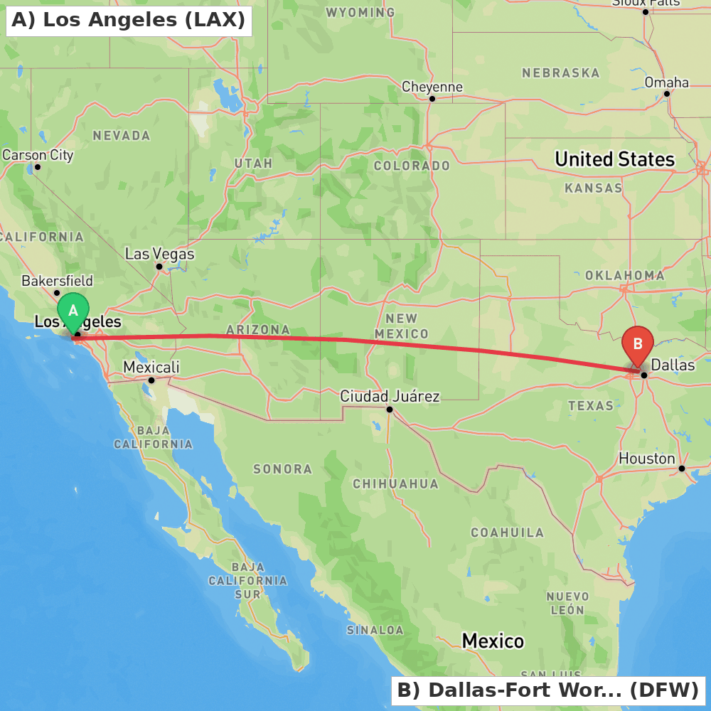 Flight route map from Los Angeles to Dallas-Fort Worth