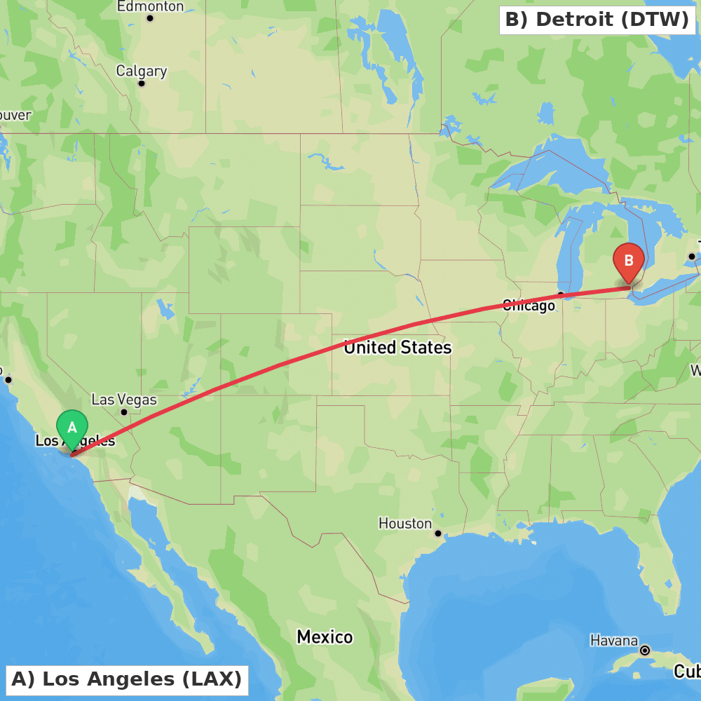 Flight route map from Los Angeles to Detroit
