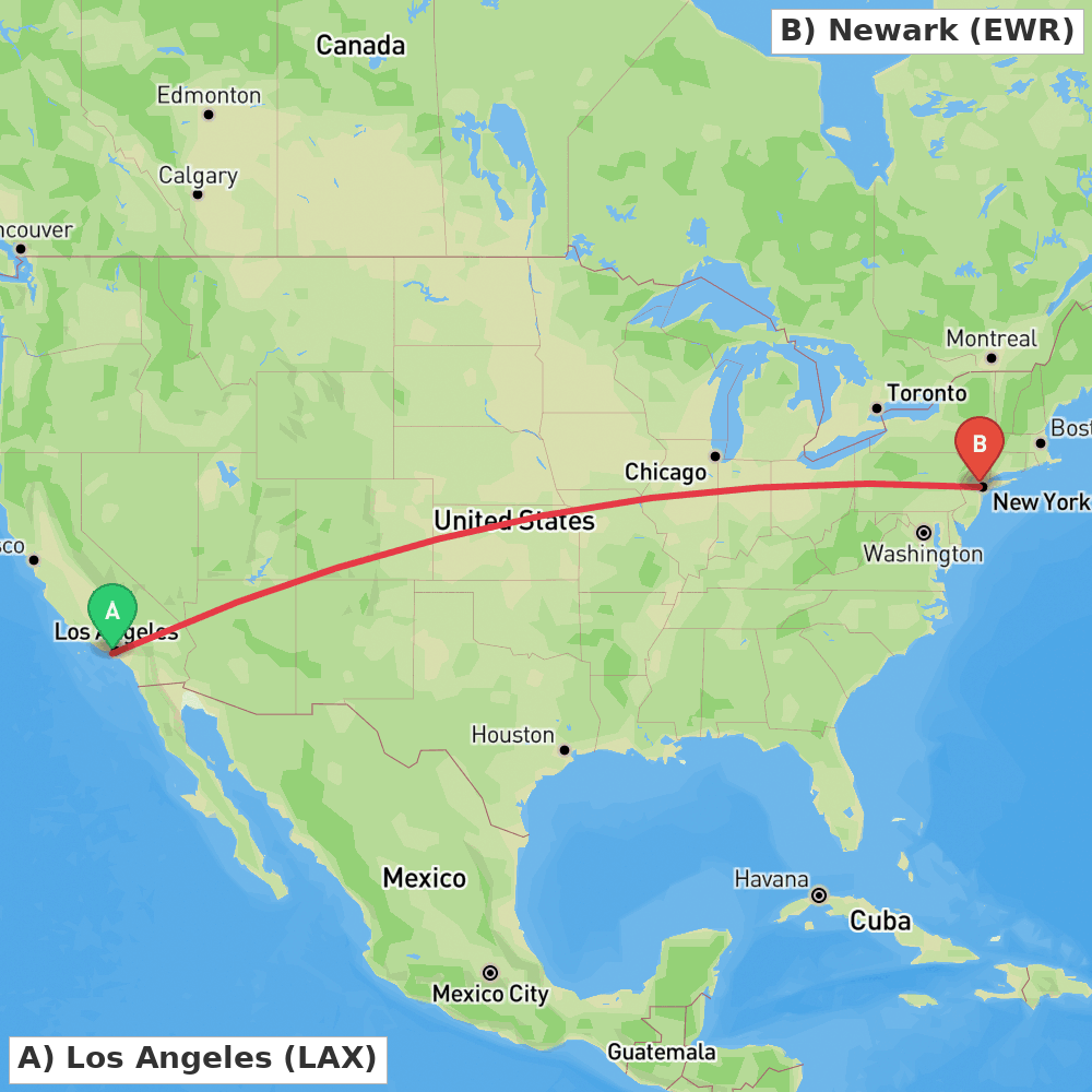 Flight route map from Los Angeles to Newark