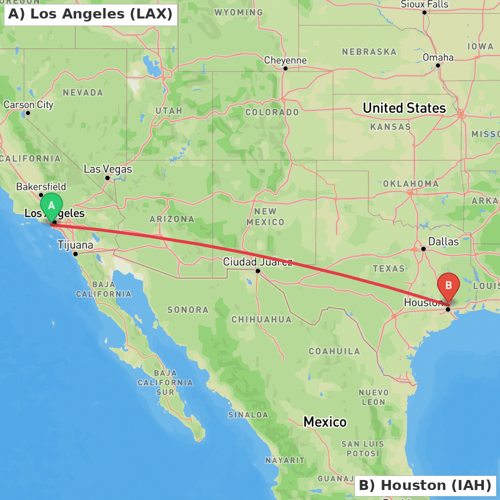 Flight route map from Los Angeles to Houston