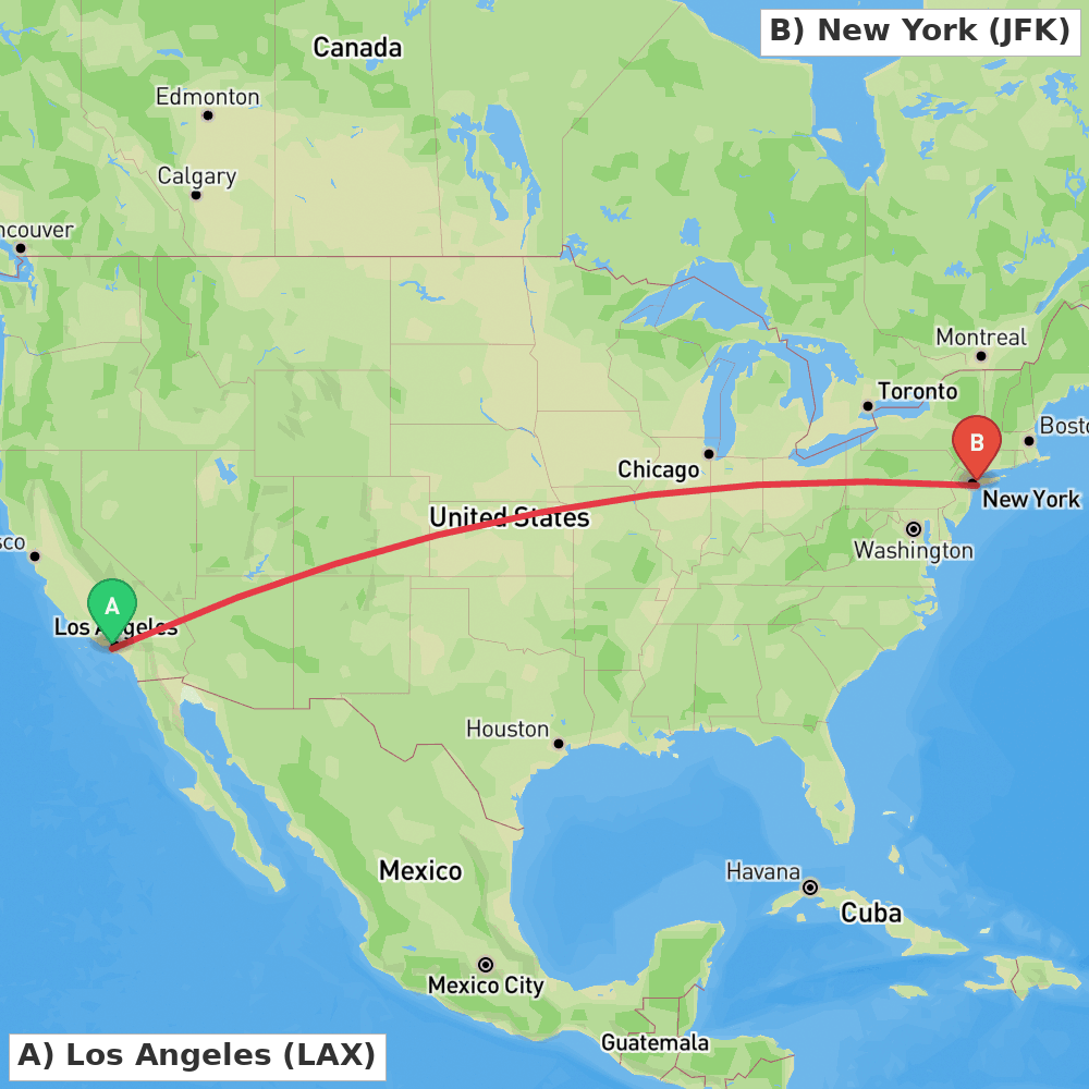 Flight route map from Los Angeles to New York