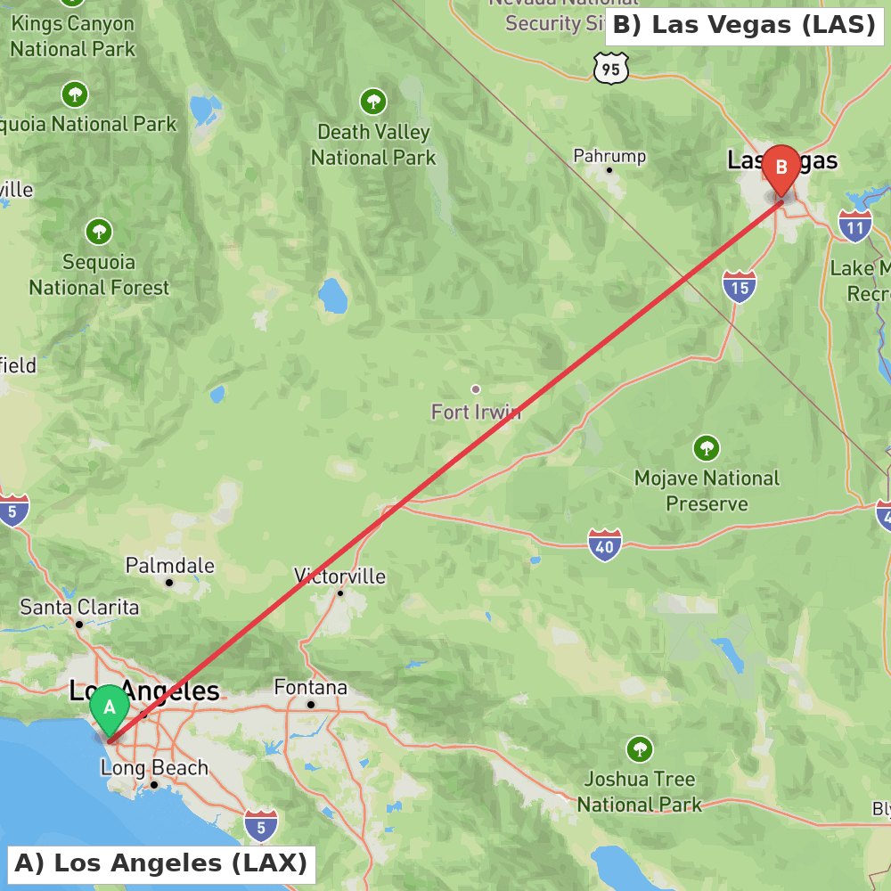 Flight route map from Los Angeles to Las Vegas