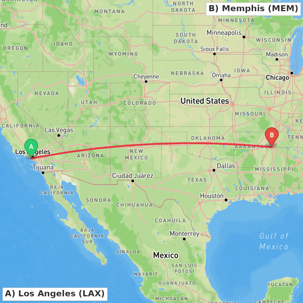 Flight route map from Los Angeles to Memphis