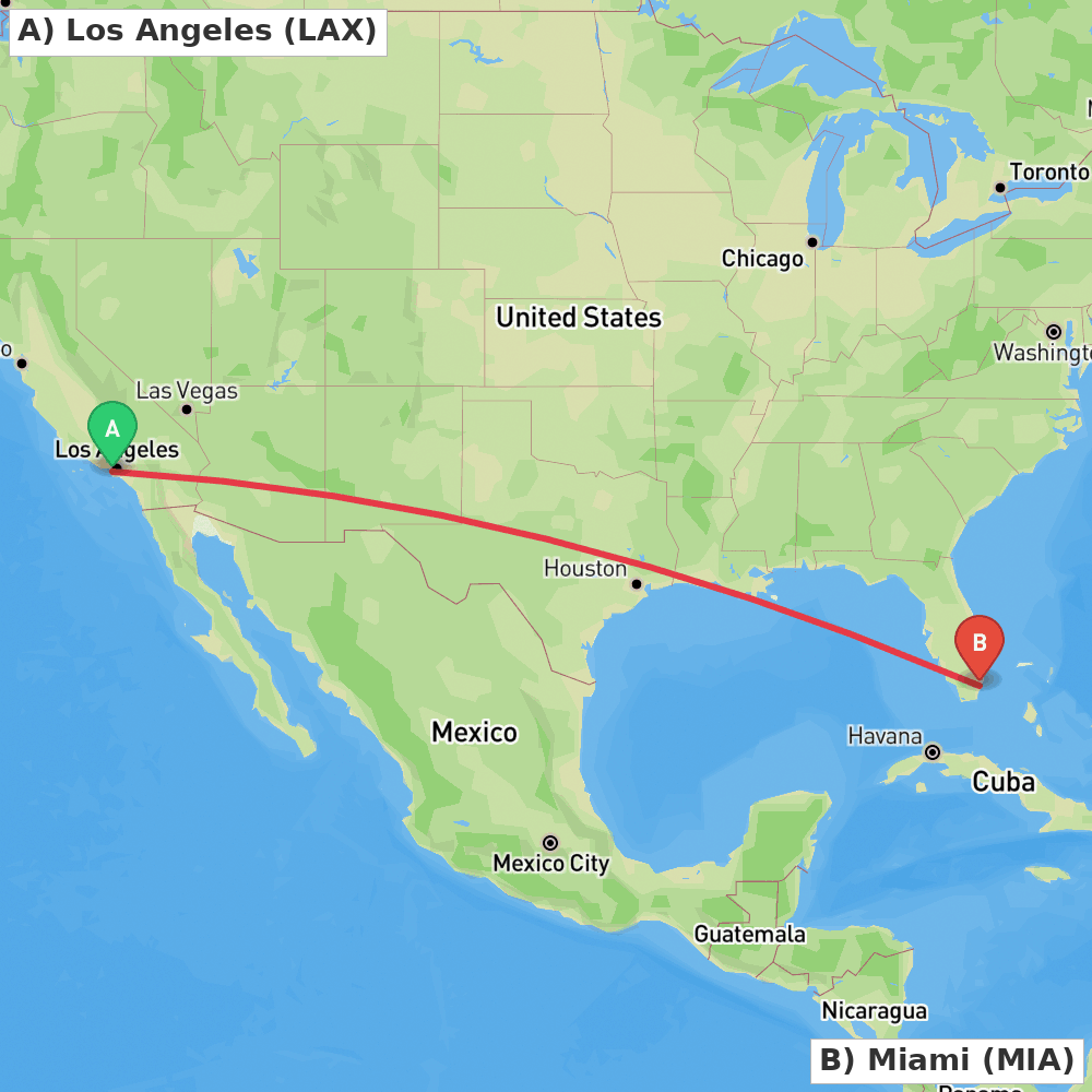 Flight route map from Los Angeles to Miami