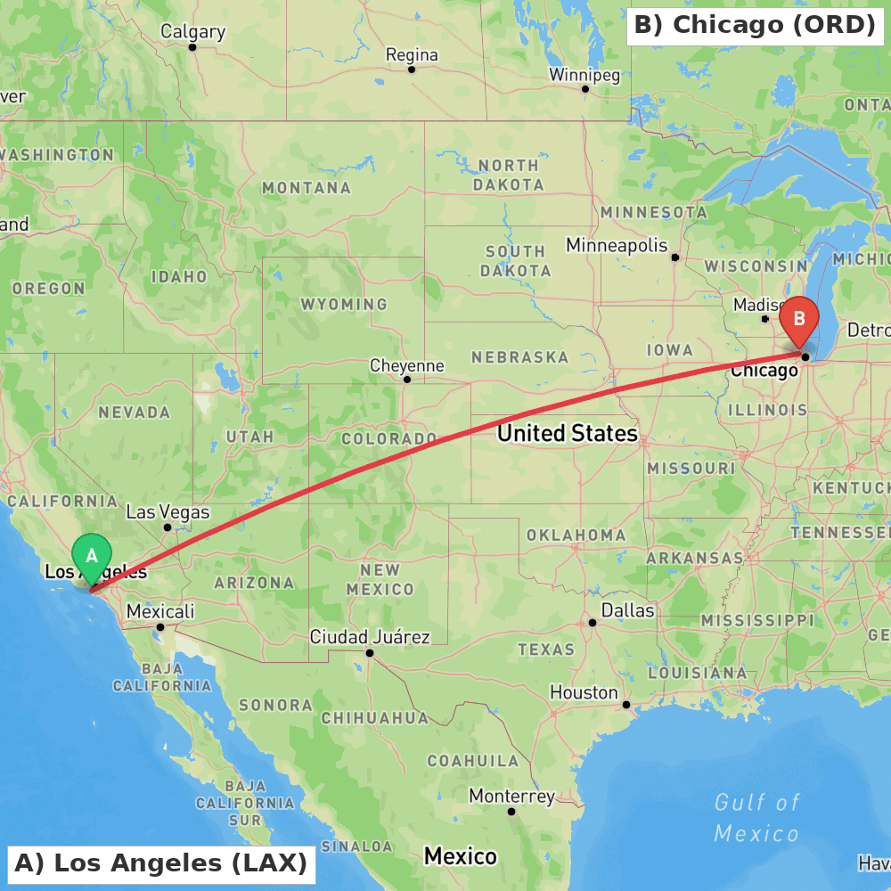 Flight route map from Los Angeles to Chicago