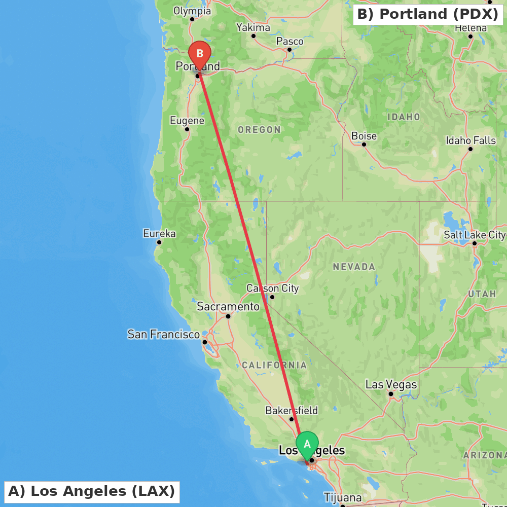 Flight route map from Los Angeles to Portland