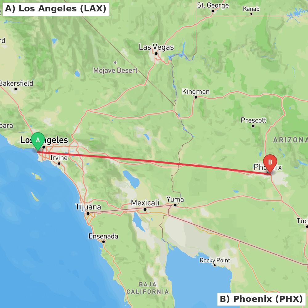 Flight route map from Los Angeles to Phoenix