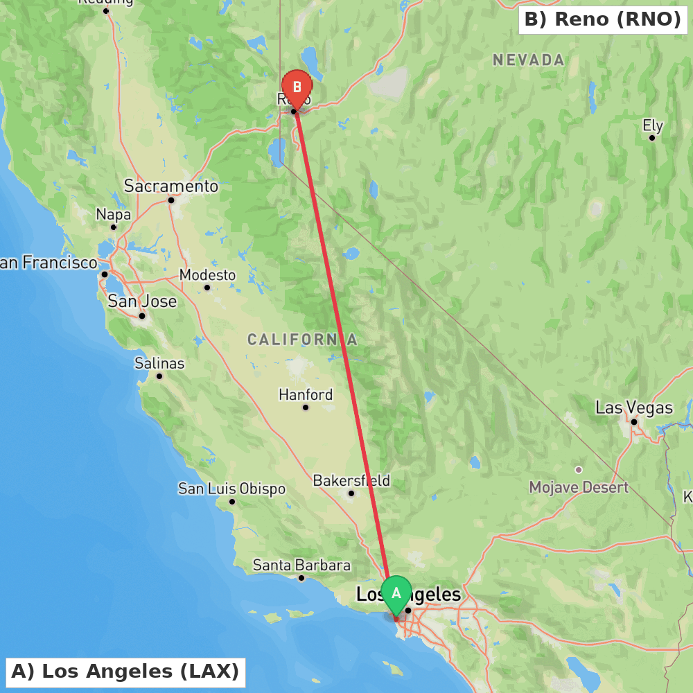 Flight route map from Los Angeles to Reno