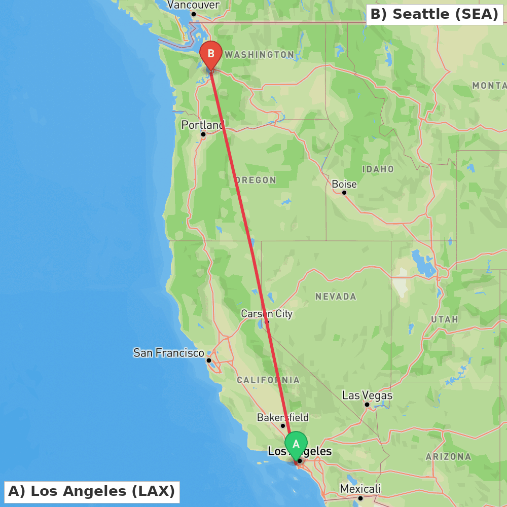 Flight route map from Los Angeles to Seattle