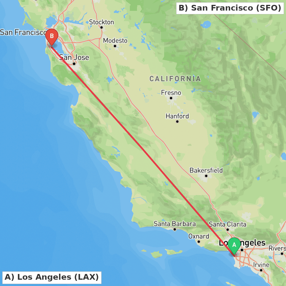 Flight route map from Los Angeles to San Francisco