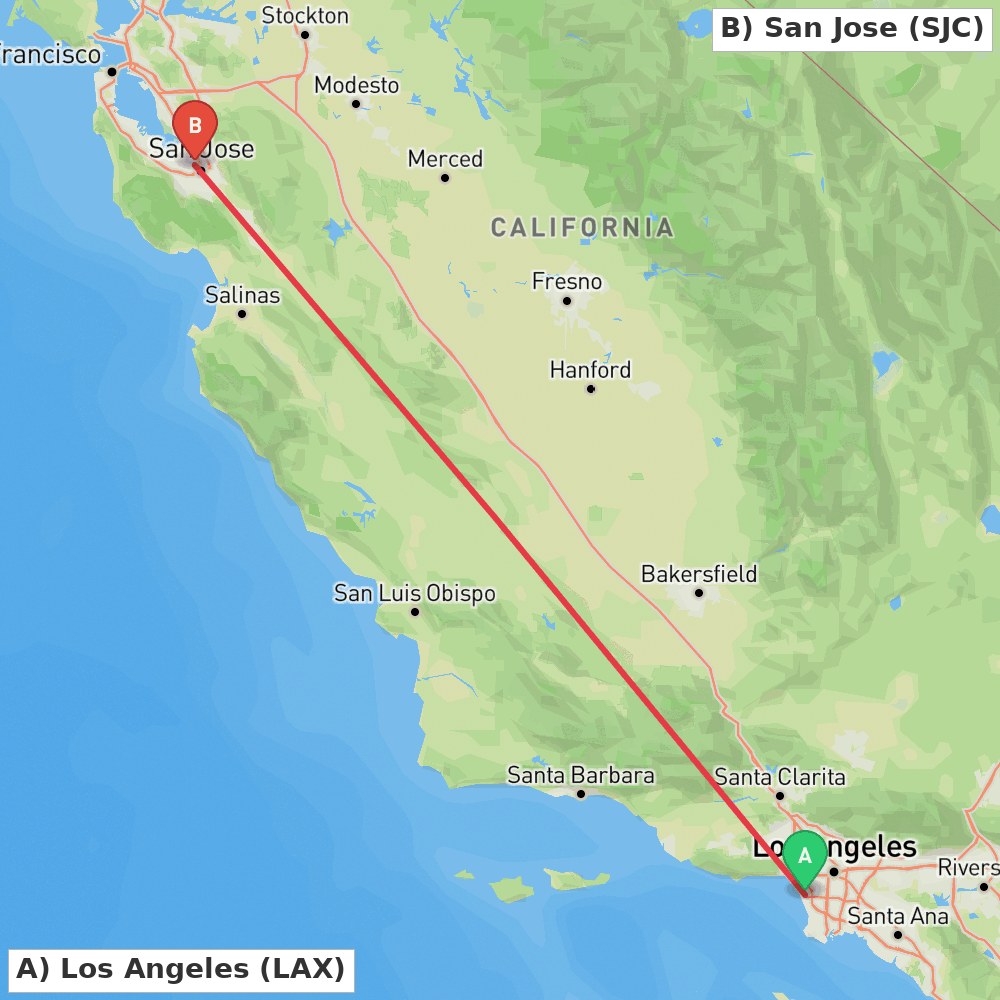 Flight route map from Los Angeles to San Jose