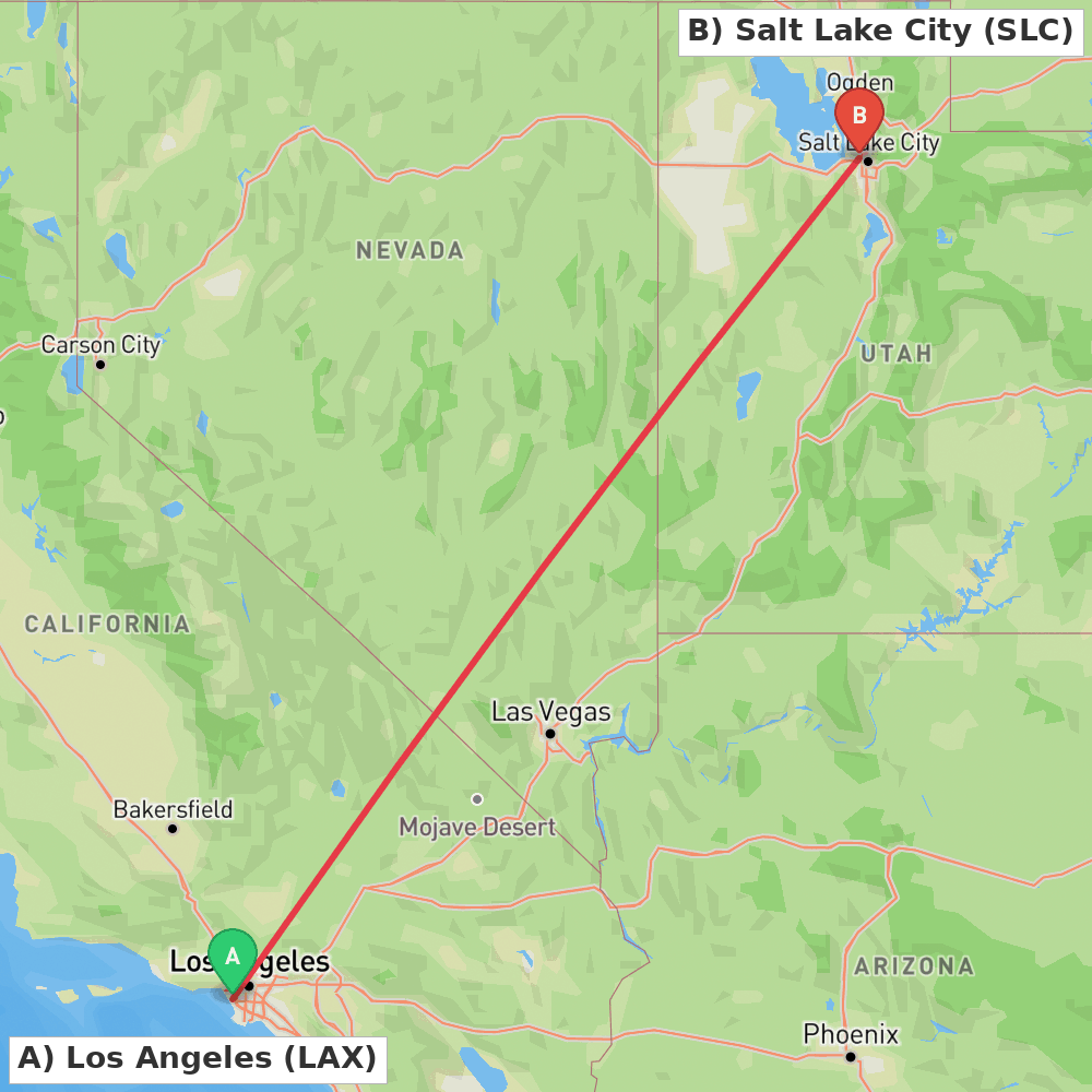 Flight route map from Los Angeles to Salt Lake City
