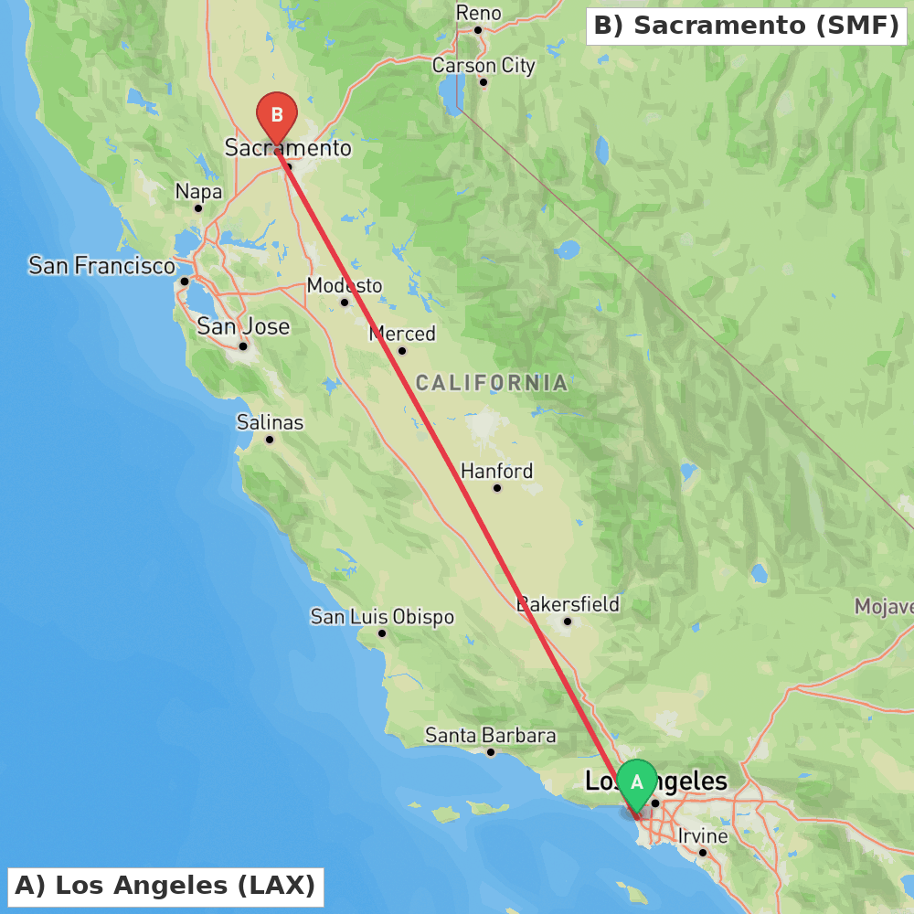 Flight route map from Los Angeles to Sacramento