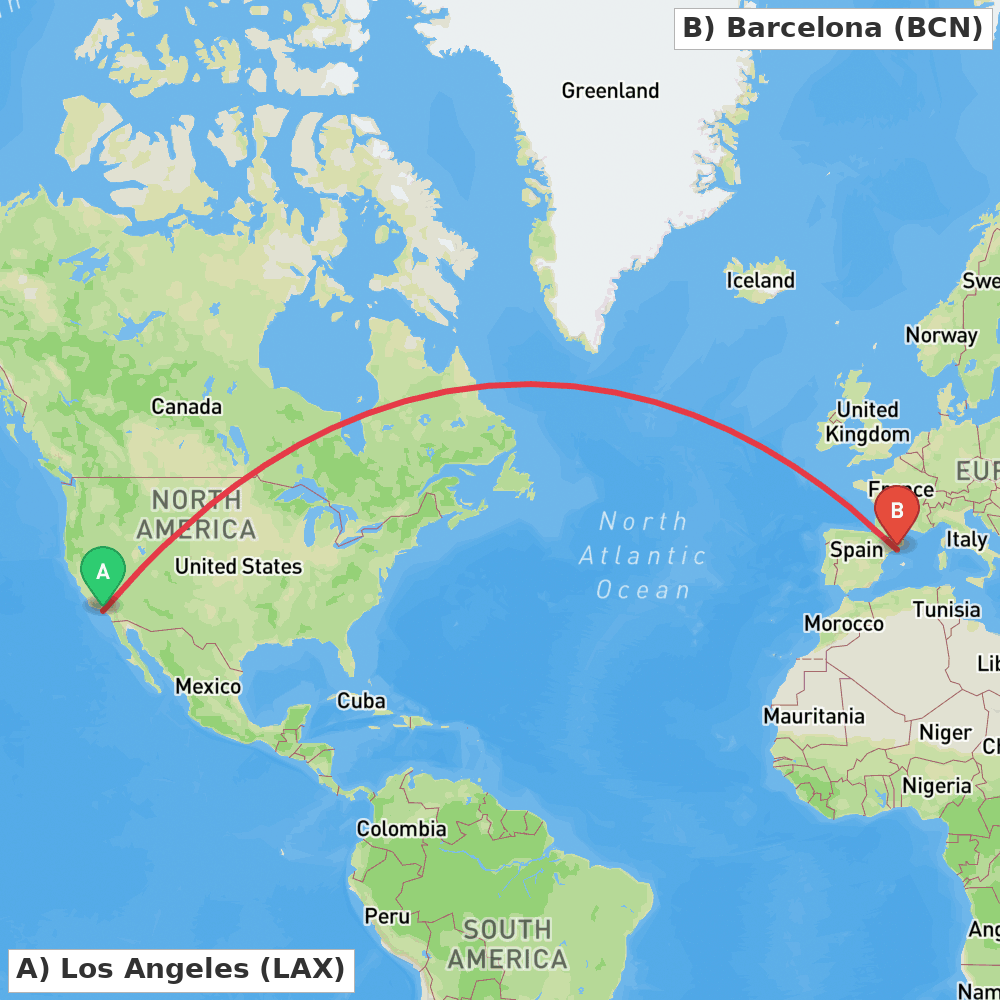Flight route map from Los Angeles to Barcelona