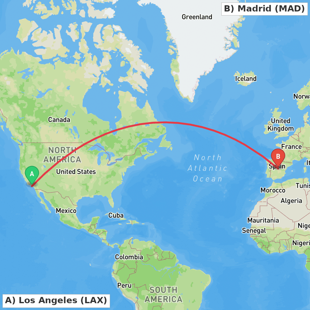 Flight route map from Los Angeles to Madrid