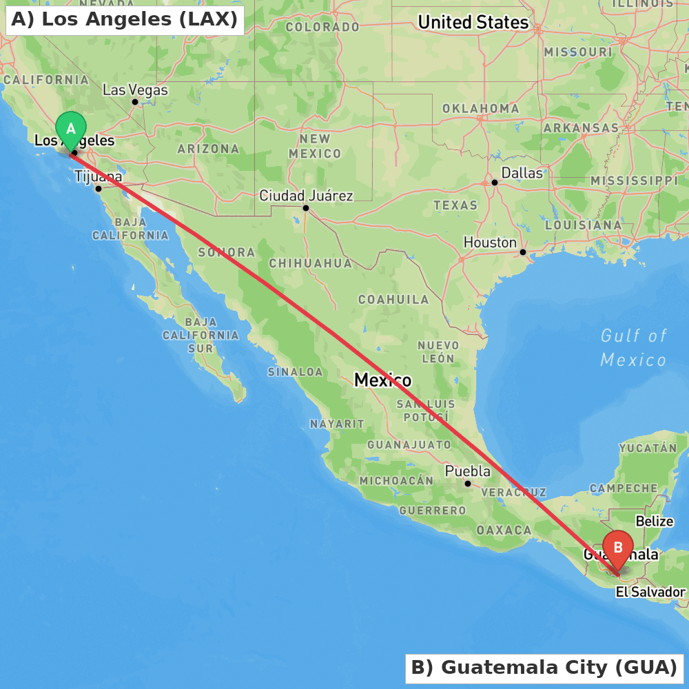 Flight route map from Los Angeles to Guatemala City