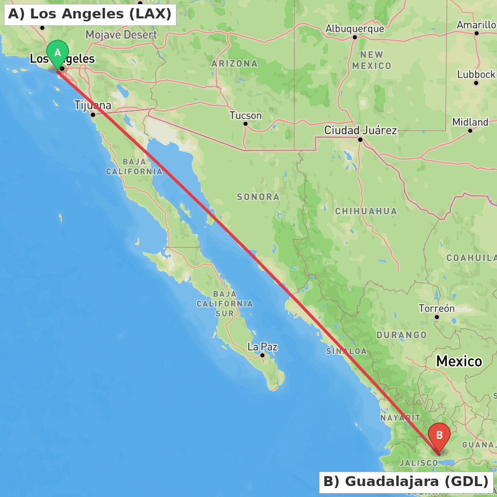 Flight route map from Los Angeles to Guadalajara