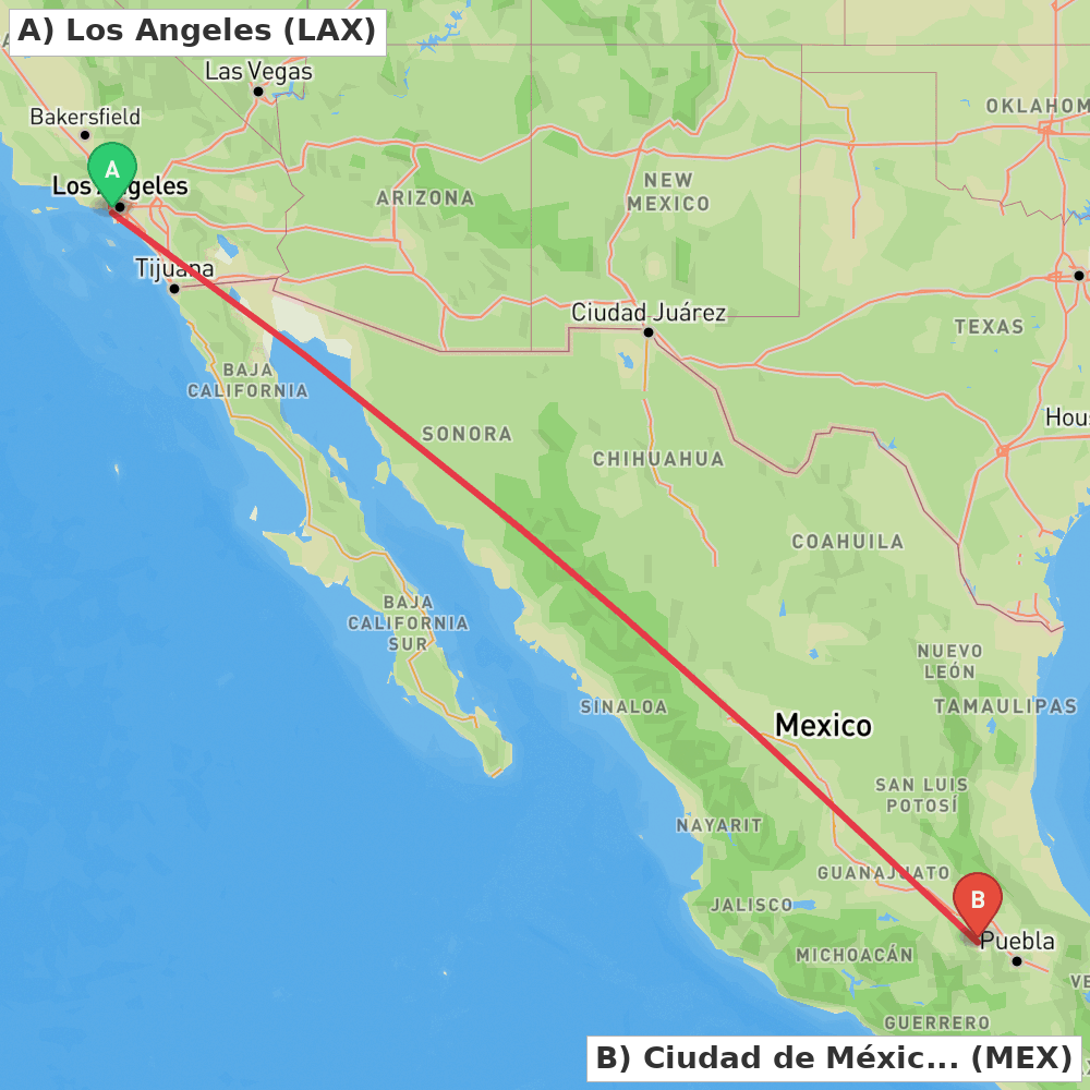 Flight route map from Los Angeles to Ciudad de México