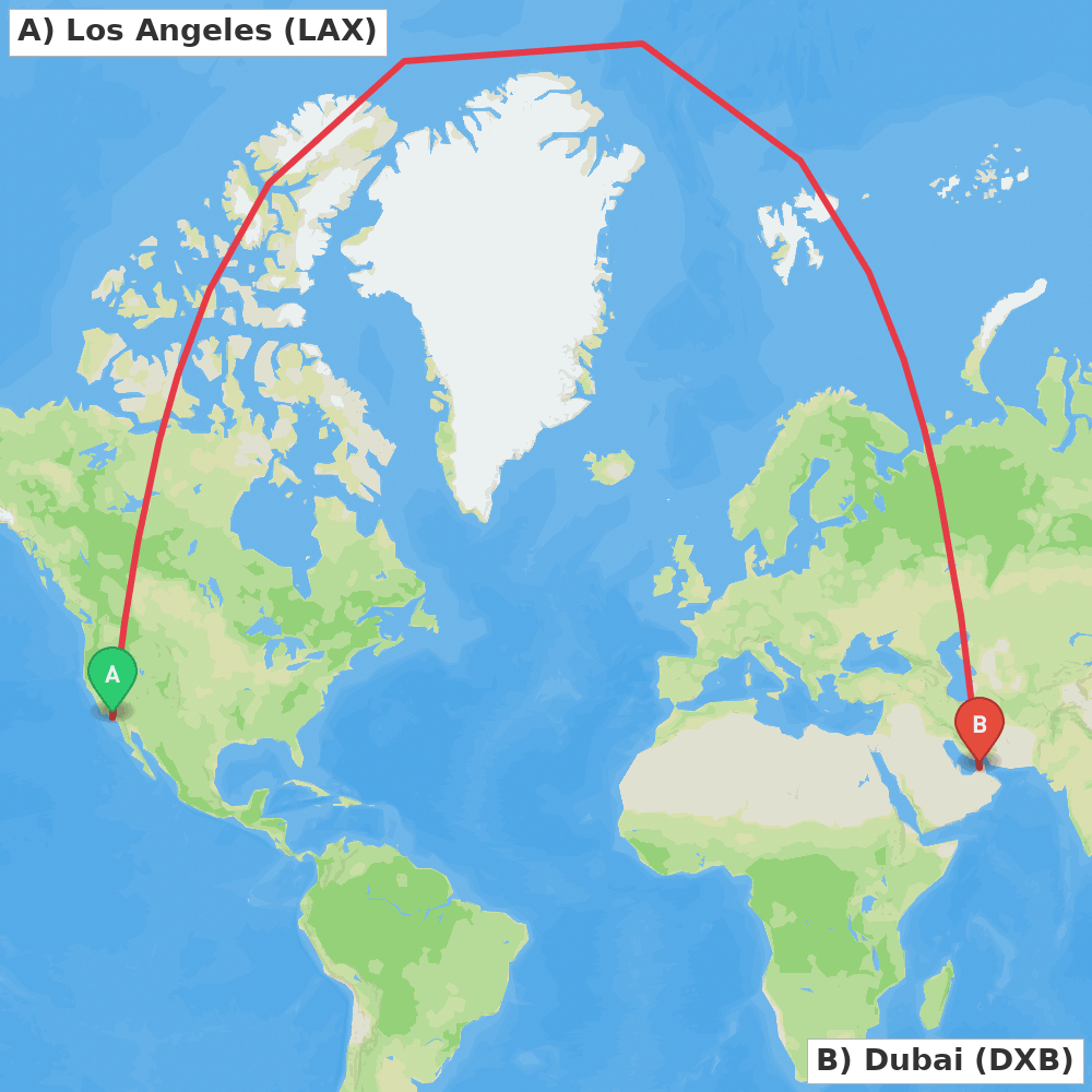 Flight route map from Los Angeles to Dubai