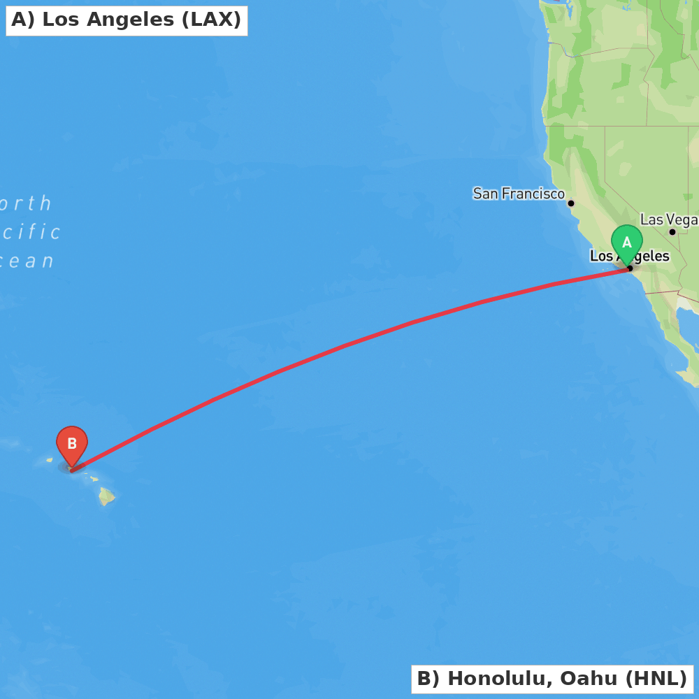 Flight route map from Los Angeles to Honolulu, Oahu