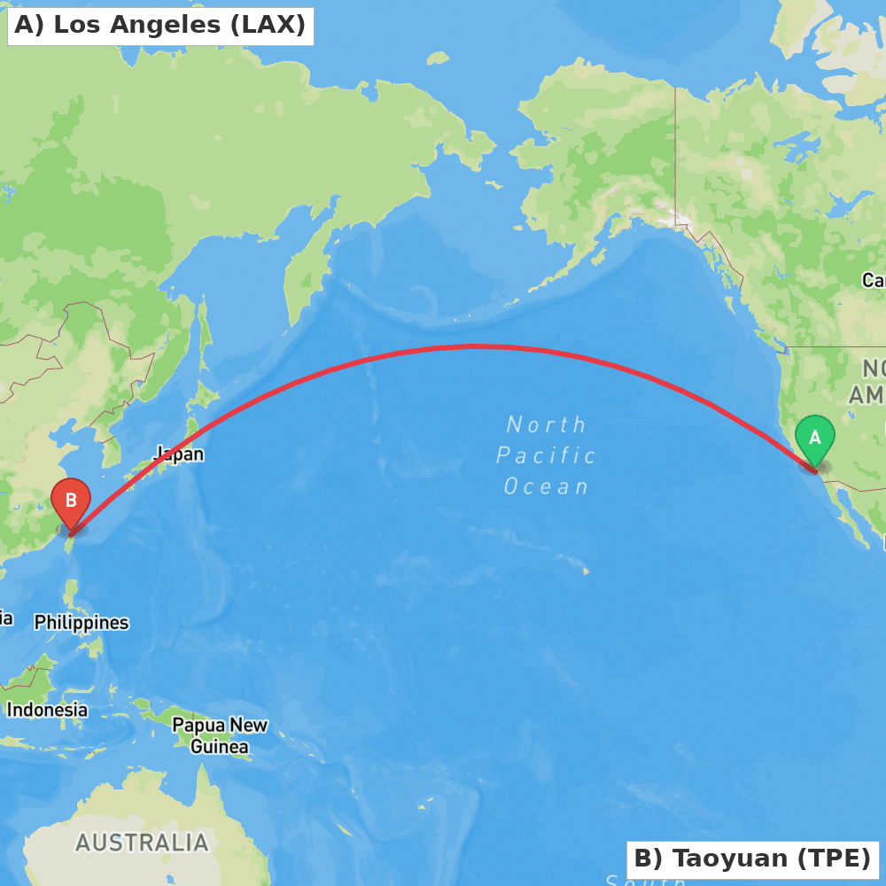 Flight route map from Los Angeles to Taoyuan