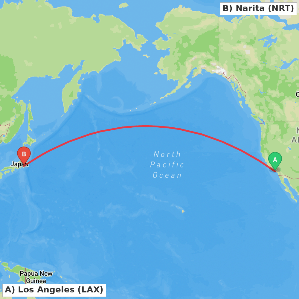 Flight route map from Los Angeles to Narita