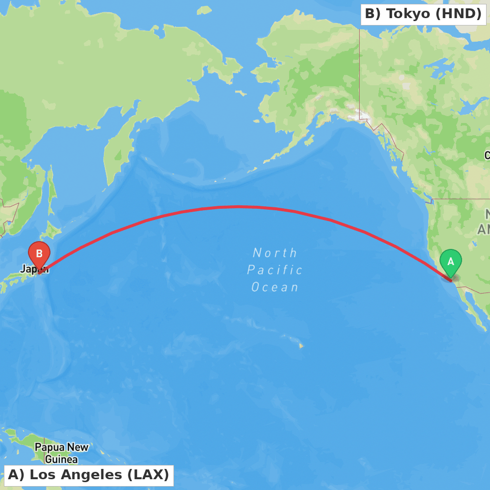 Flight route map from Los Angeles to Tokyo