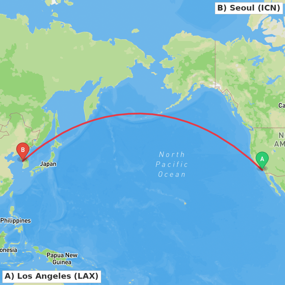 Flight route map from Los Angeles to Seoul