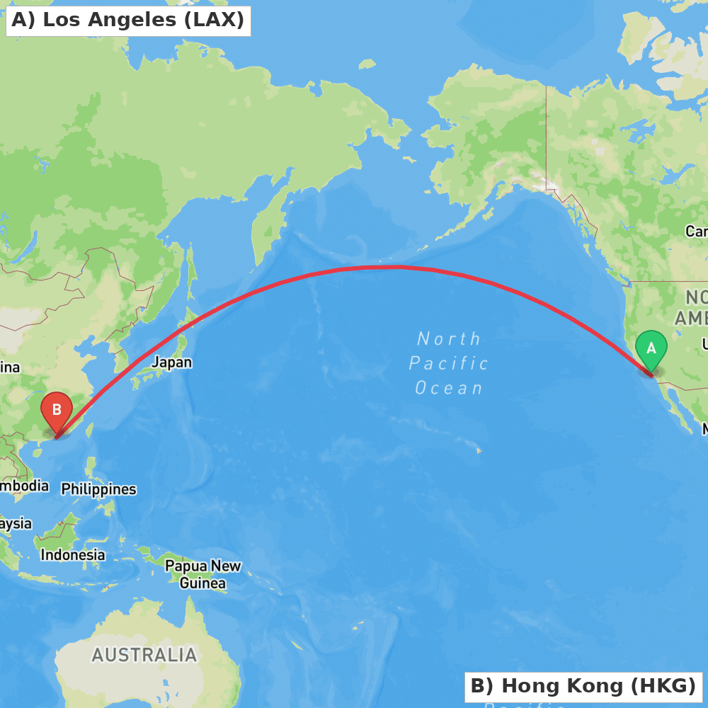 Flight route map from Los Angeles to Hong Kong