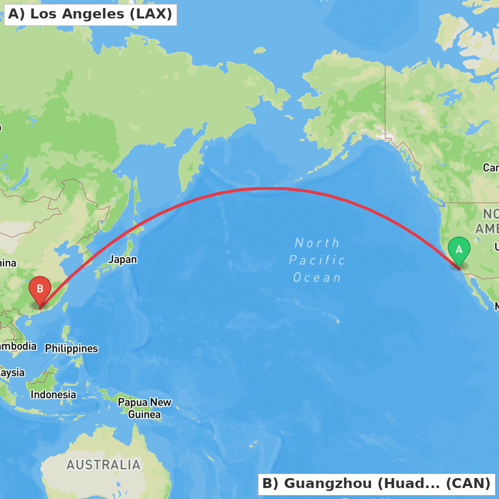 Flight route map from Los Angeles to Guangzhou (Huadu)
