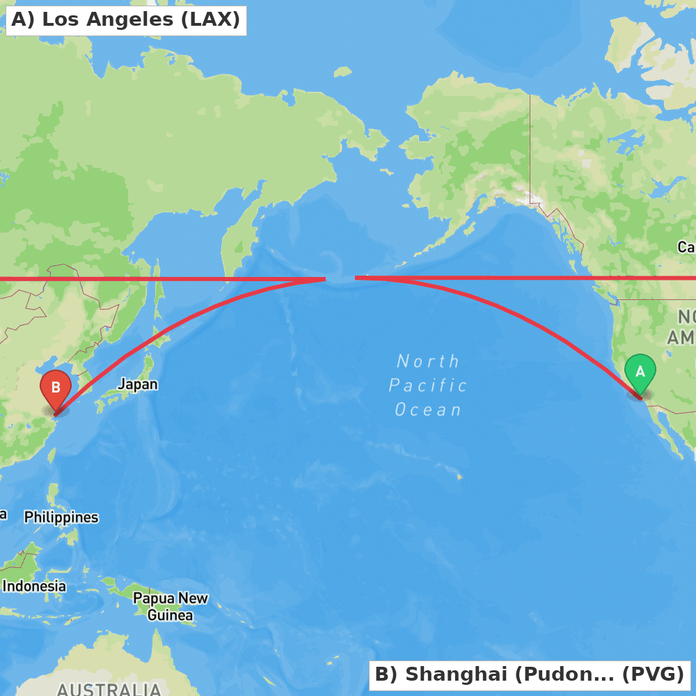 Flight route map from Los Angeles to Shanghai (Pudong)