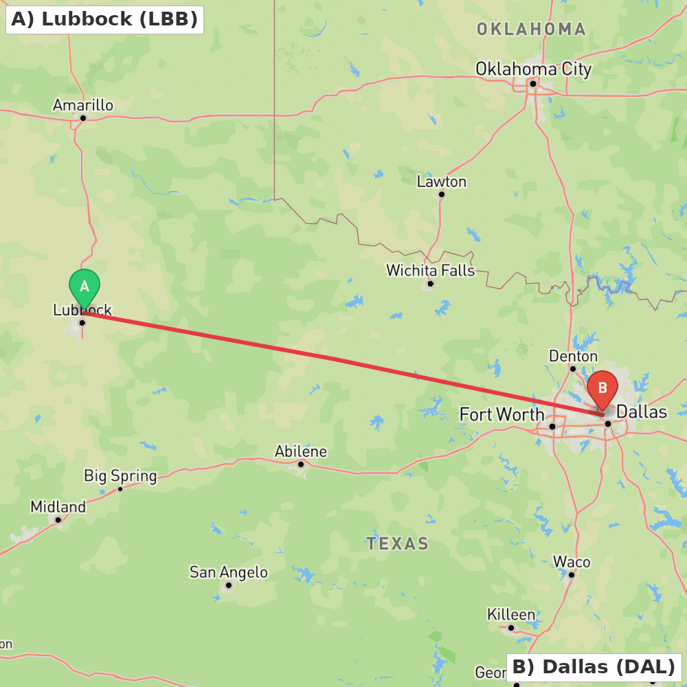 Flight route map from Lubbock to Dallas