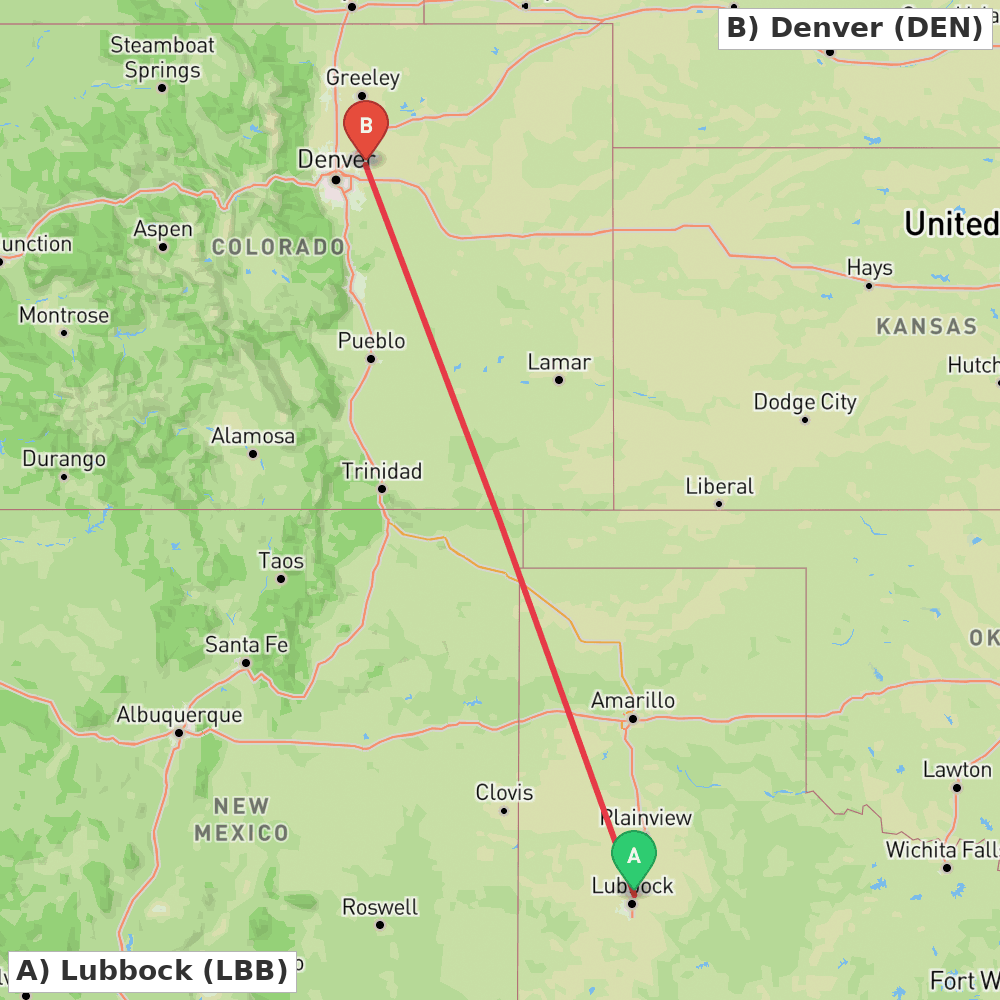 Flight route map from Lubbock to Denver
