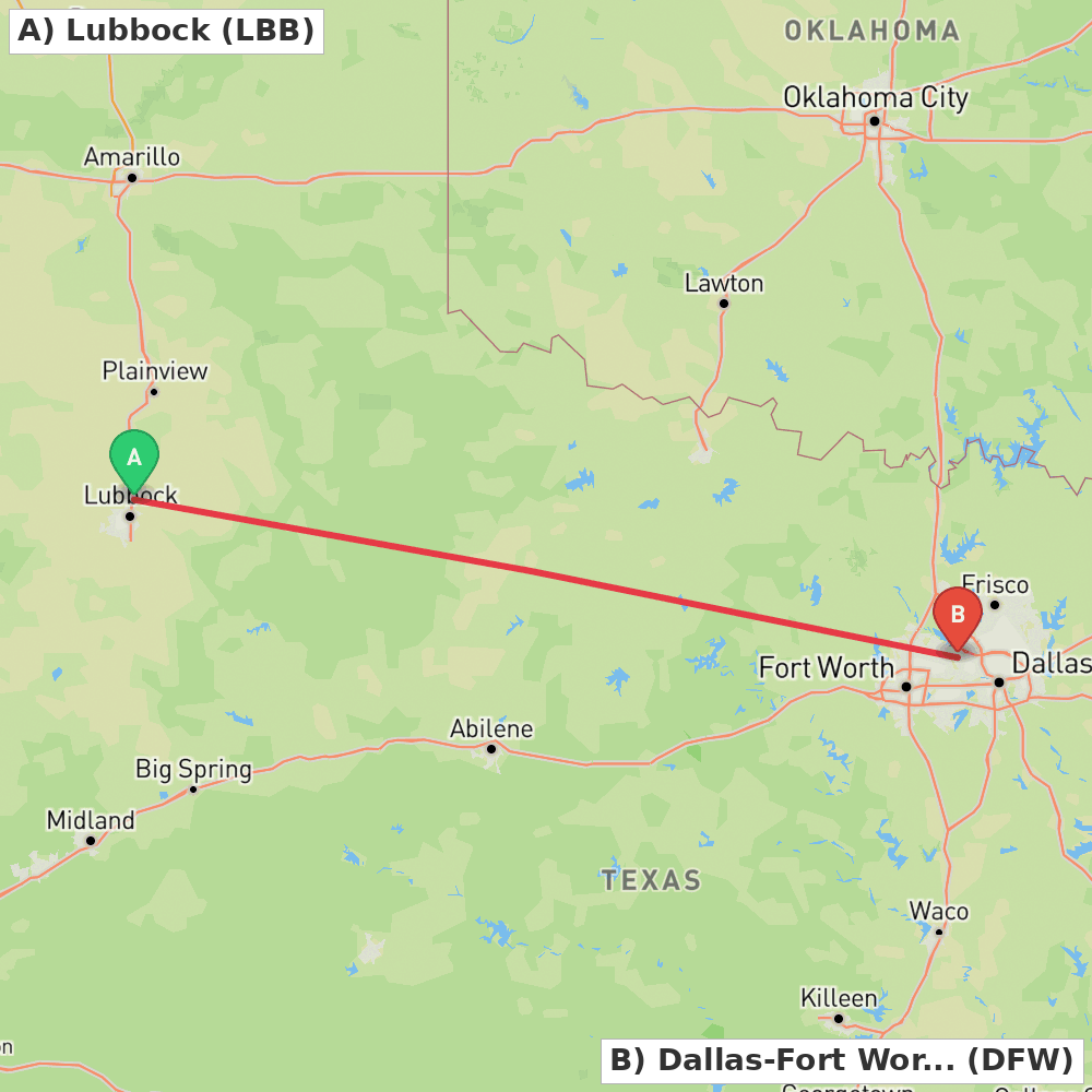 Flight route map from Lubbock to Dallas-Fort Worth