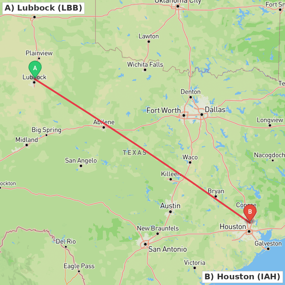 Flight route map from Lubbock to Houston