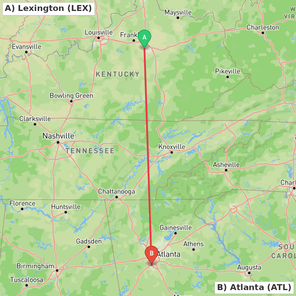 Flight route map from Lexington to Atlanta