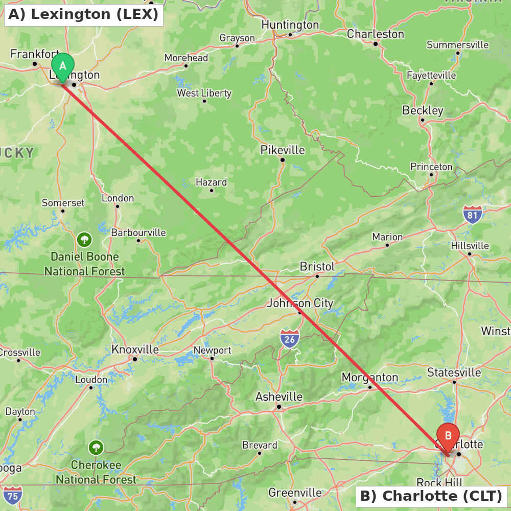 Flight route map from Lexington to Charlotte