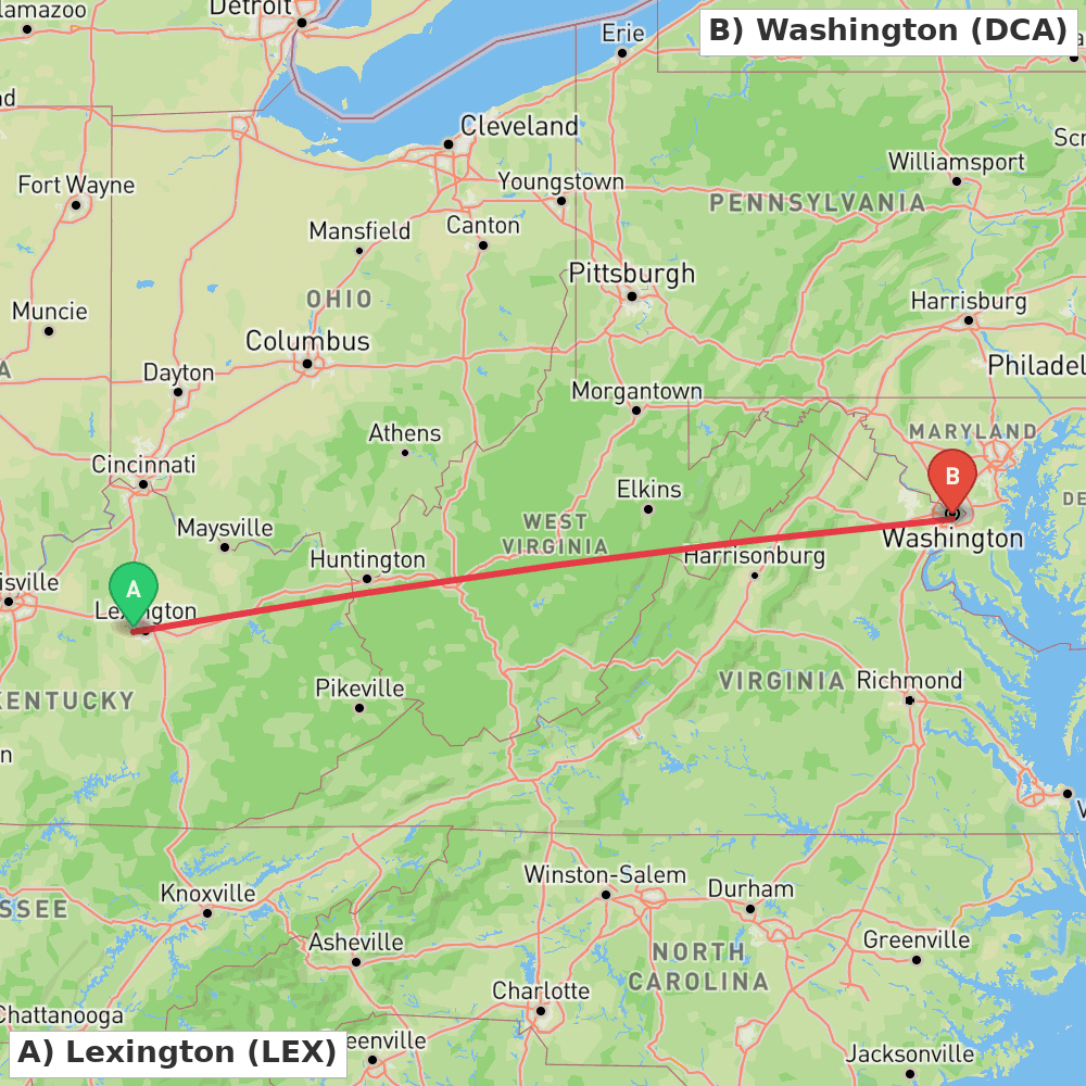 Flight route map from Lexington to Washington